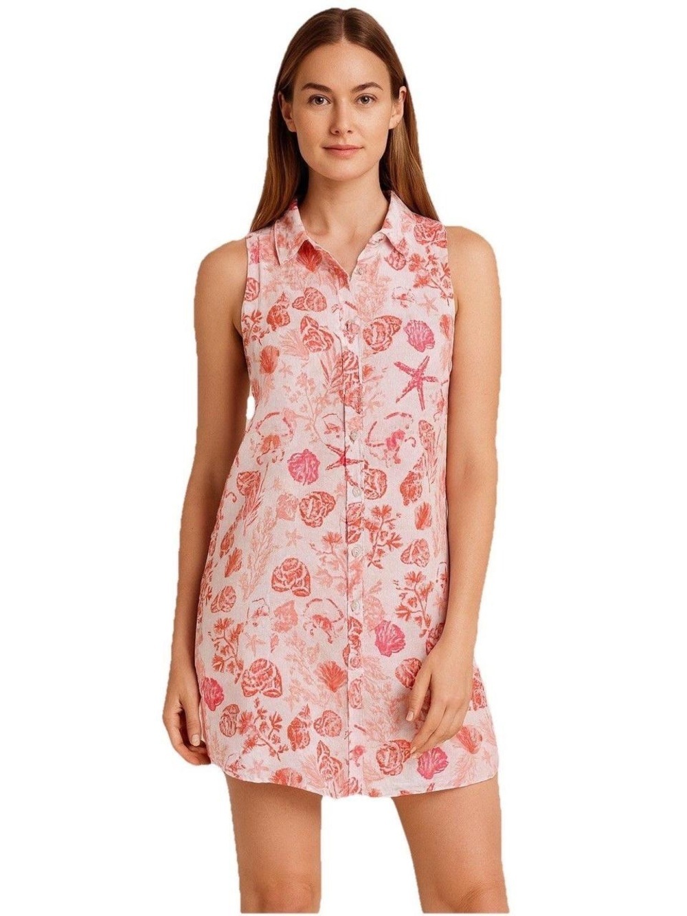 Sigrid Olsen 100 Linen Beach Seashell Print Sleeveless Button Cover-Up Dress
